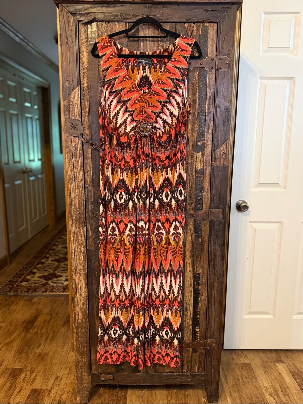 R&M Richards Maxi Dress 14W Orange Tribal Beaded Boho Empire Waist fall western